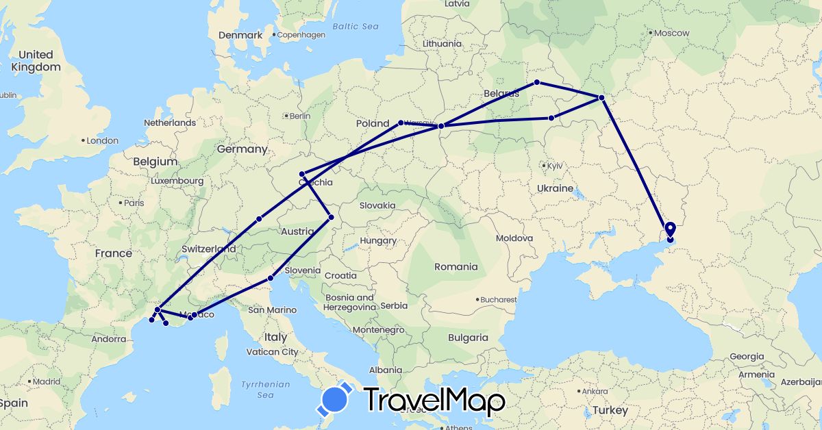 TravelMap itinerary: driving in Austria, Belarus, Czech Republic, Germany, France, Italy, Poland, Russia (Europe)